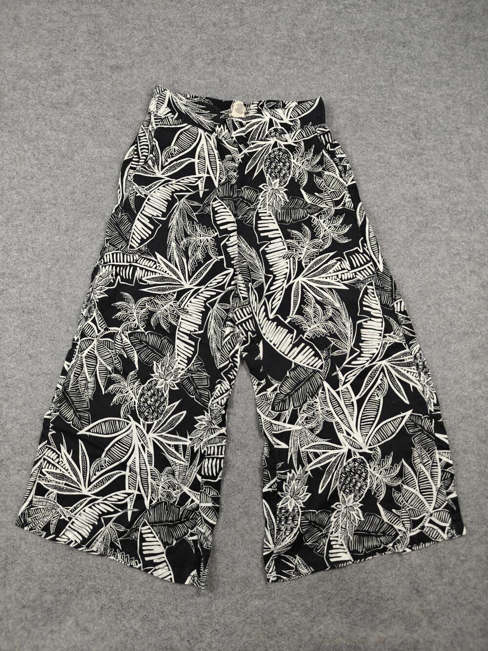 Christian Siriano Pants Womens Small Black Cropped Wide-Leg Linen Floral Pockets